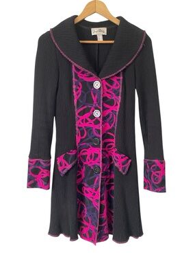 Joseph Ribkoff ribbed knit coat dress purple pink abstract embroidered design 8